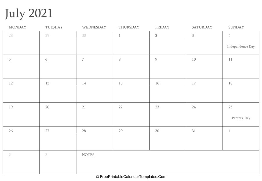 july 2021 editable calendar holidays notes