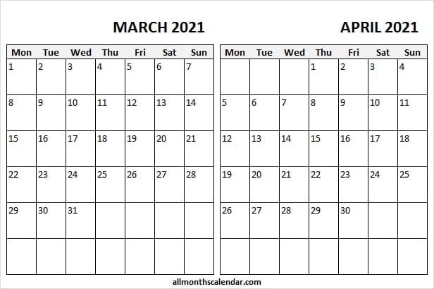 2021 March April Calendar Notes March April Calendar 2021 Blank Editable Calendar