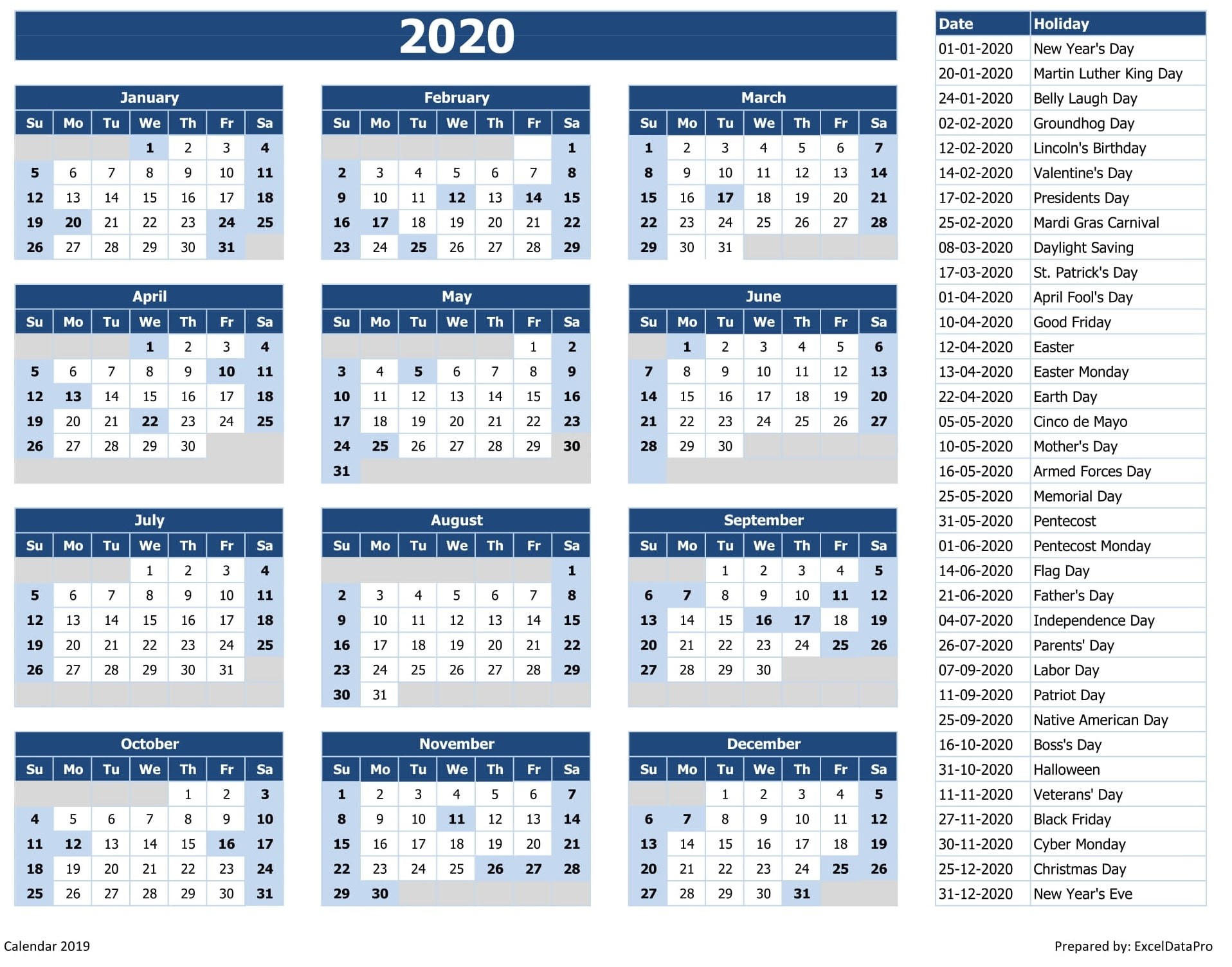 2020 yearly calendar sun start