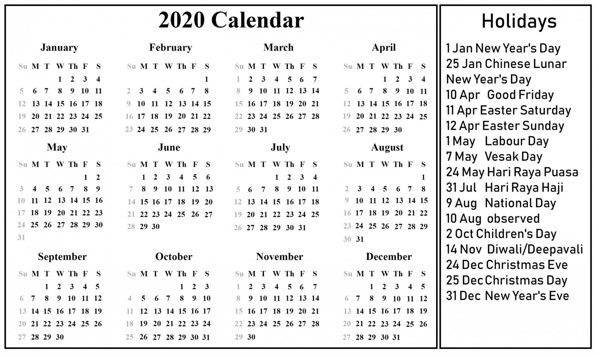 printable calendar with holidays 2020