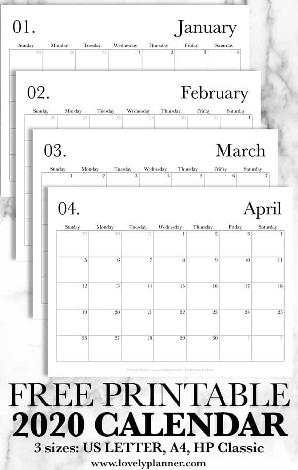 free printable 2020 calendar monthly classic