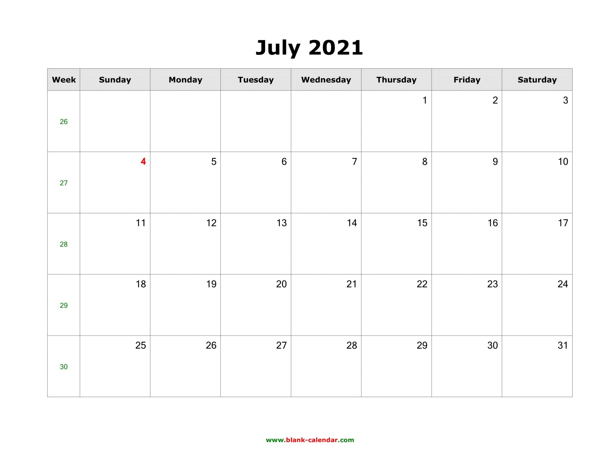 July 2021 Calendar Free Download Download July 2021 Blank Calendar Horizontal