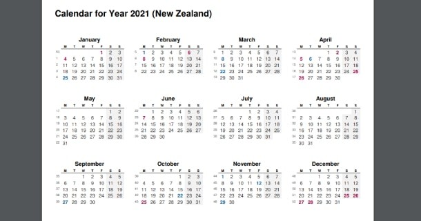 2021 full year calendar with new zealand holidays