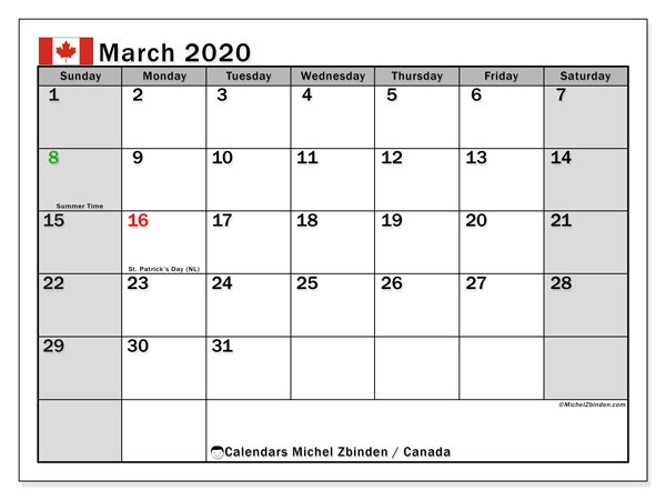 calendar march 2020 canada