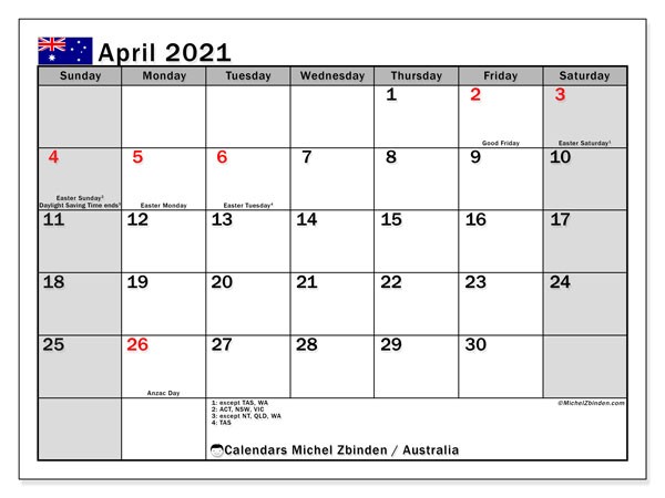 calendar april 2021 australia