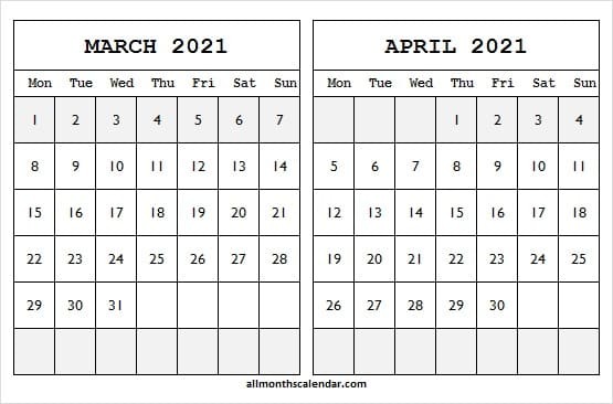 2021 march and april calendar