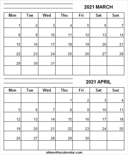 2021 march and april calendar