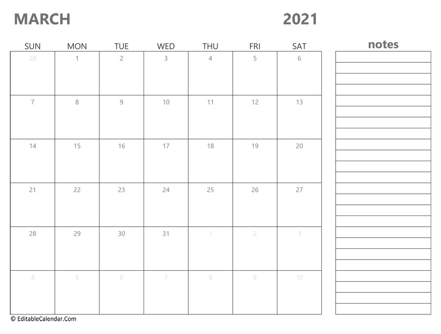 Editable March 2021 Calendar March 2021 Calendar Templates