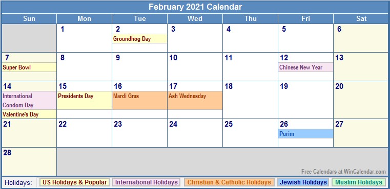 February Calendar 2021 with Holidays February 2021 Calendar with Holidays as Picture