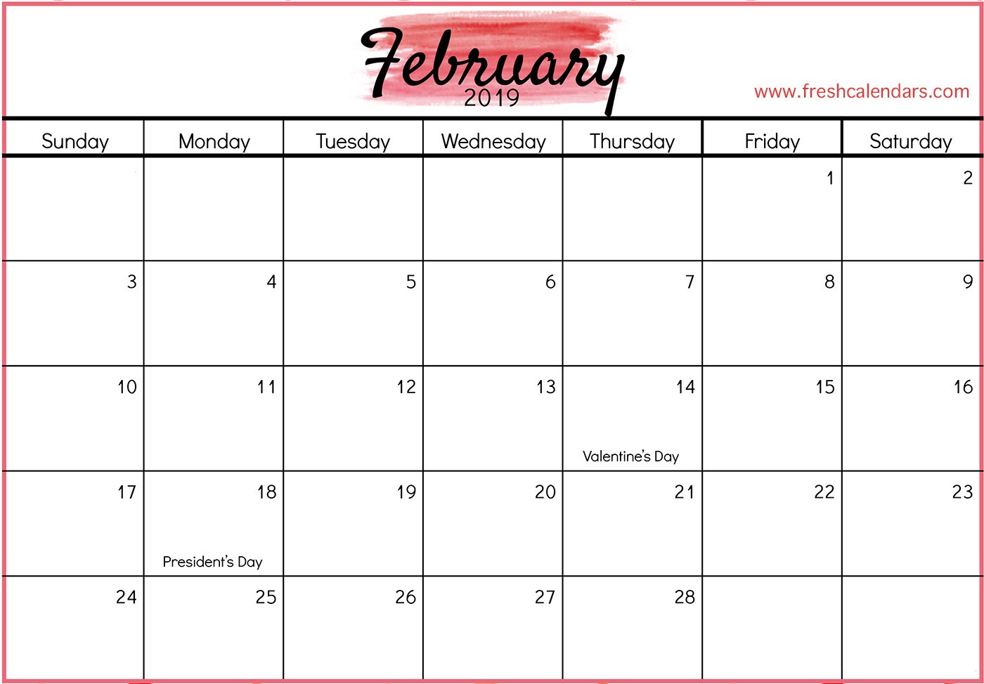 February Calendar with Holidays February 2019 Calendar Printable