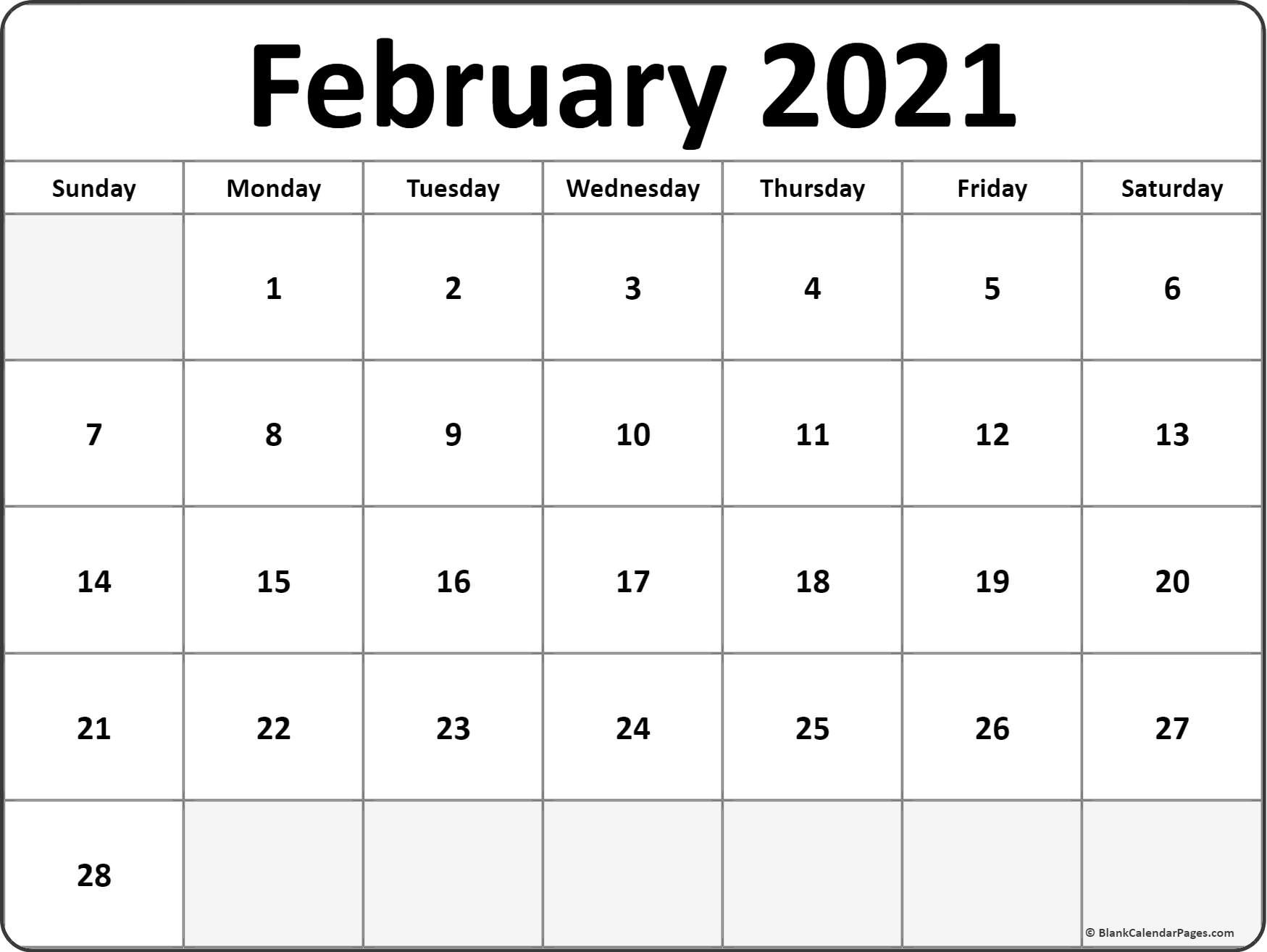 February 2021 calendar