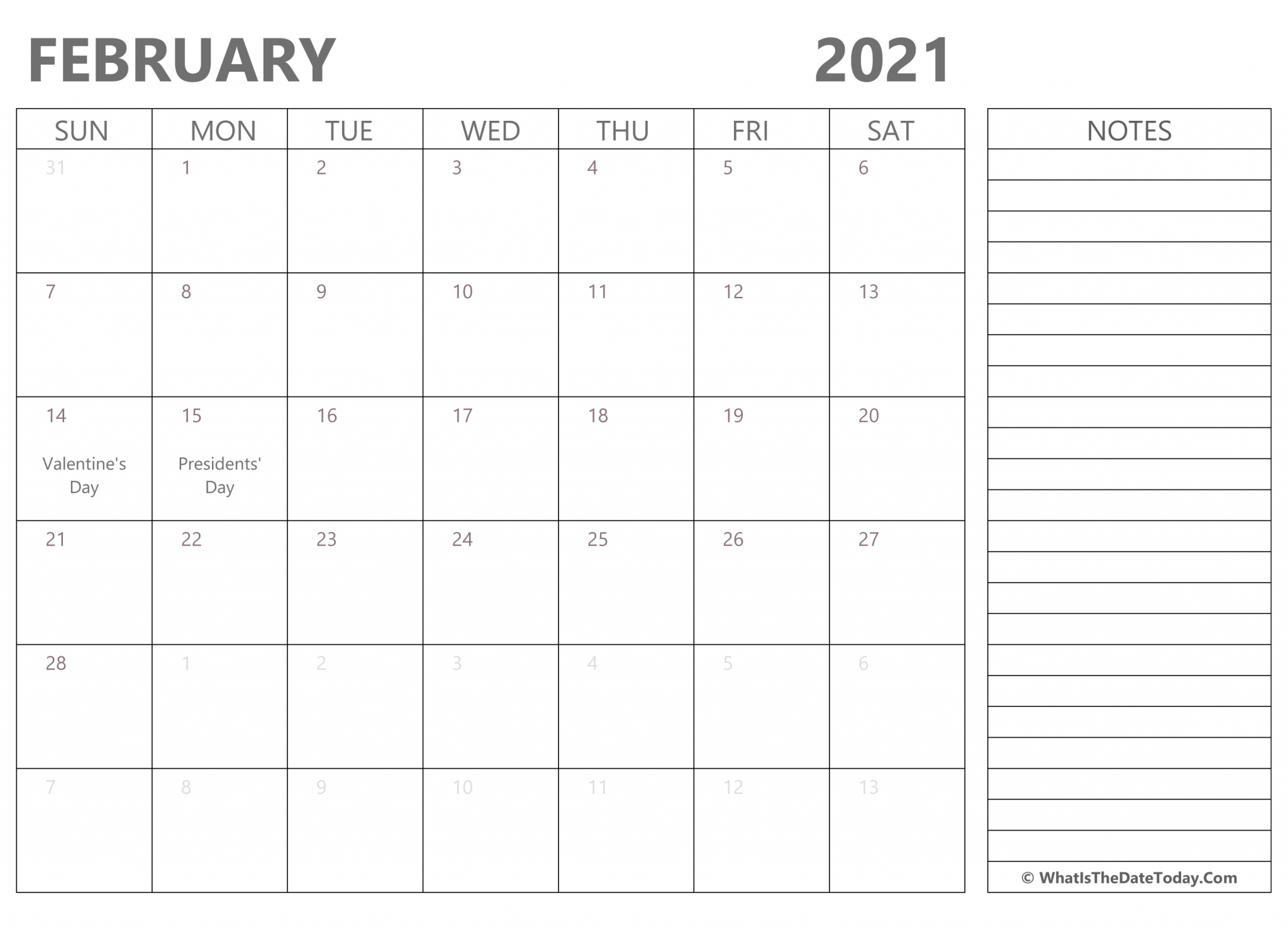 editable february 2021 calendar holidays notes