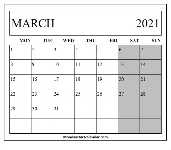 march 2021 calendar mon to fri