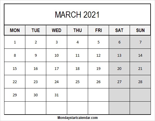 march 2021 calendar mon to fri