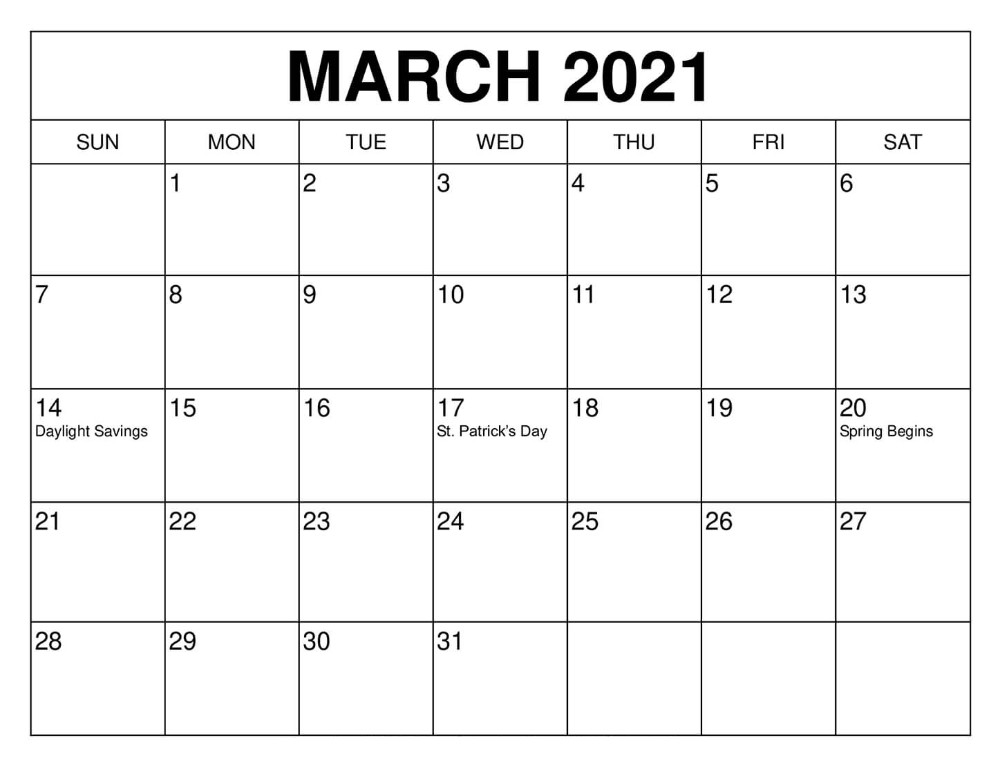 march 2021 calendar