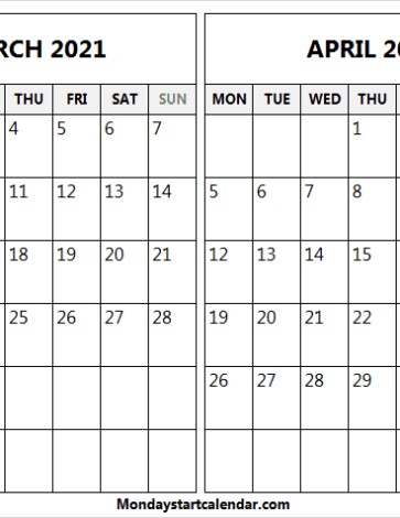 March April 2021 Calendar Mon to Fri Monday Start Calendar Page 3 Of 201 Calendars Starting