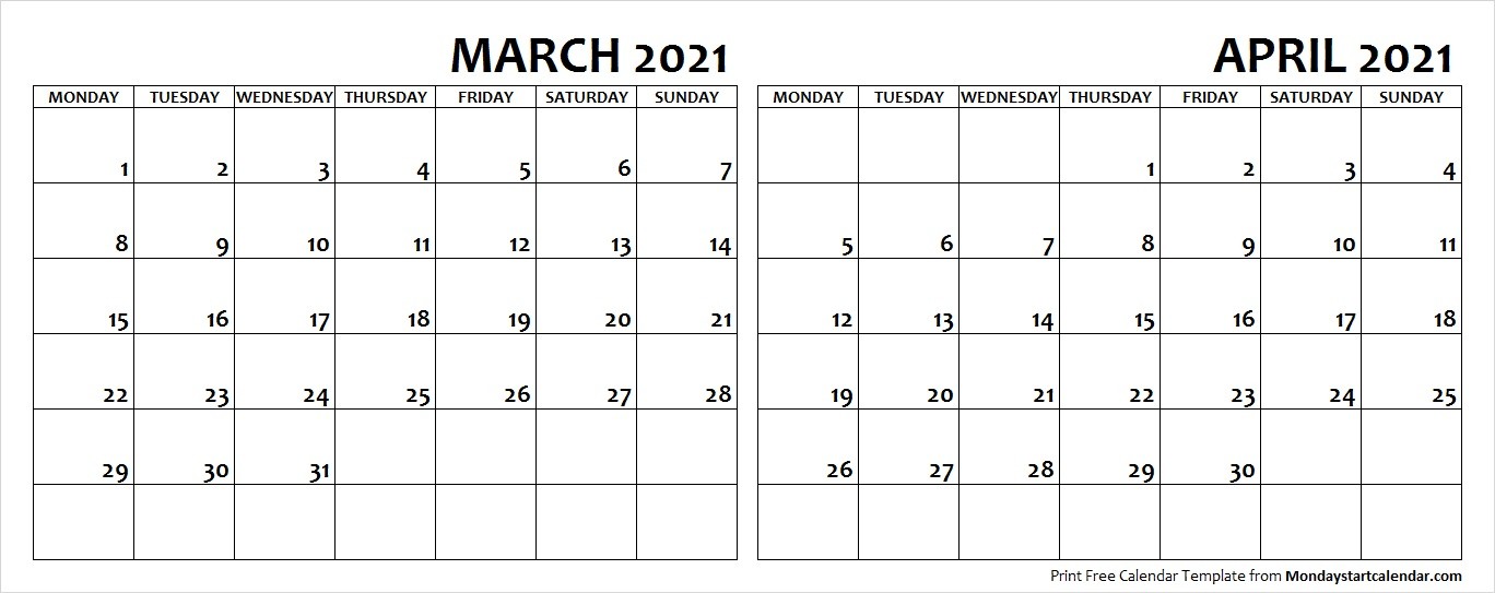 March April 2021 Calendar Monday March April 2021 Calendar Monday Start