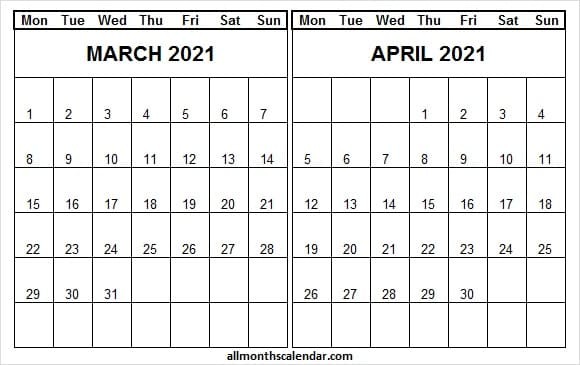 print march april 2021 calendar