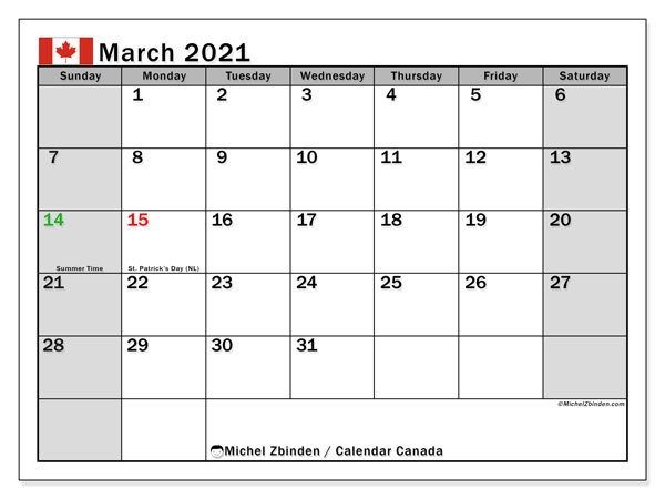 calendar march 2021 canada