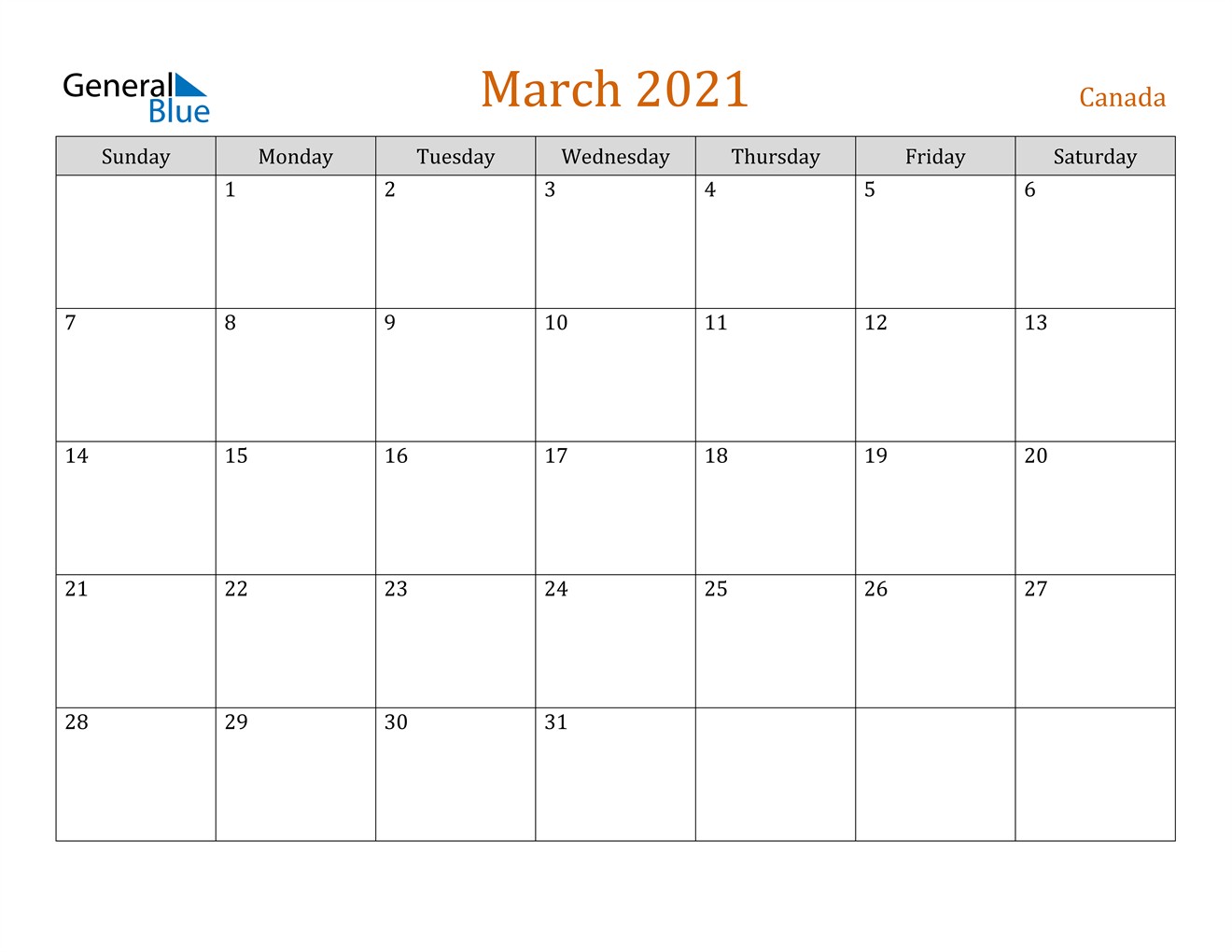 March Calendar 2021 Canada March 2021 Calendar Canada