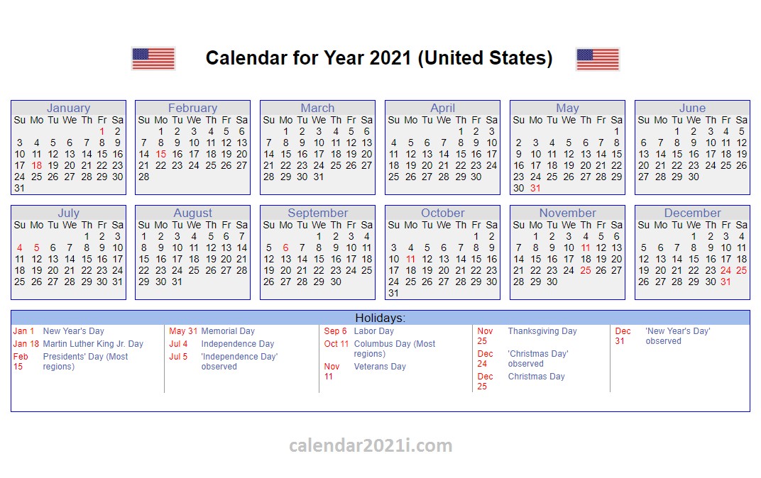 us 2021 calendar with holidays united states printable