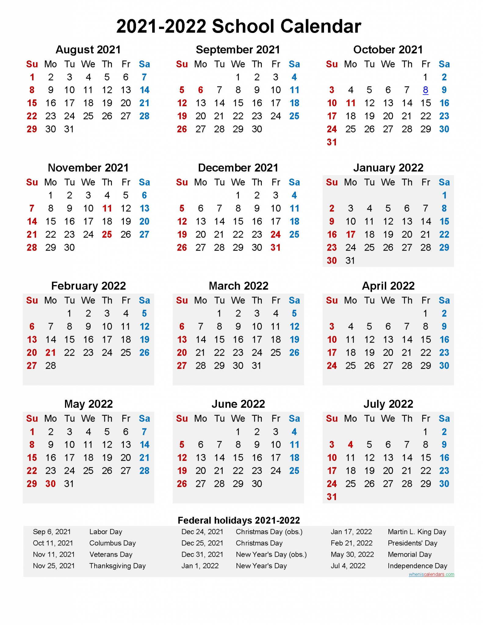 calendar for 2021 2022 school year