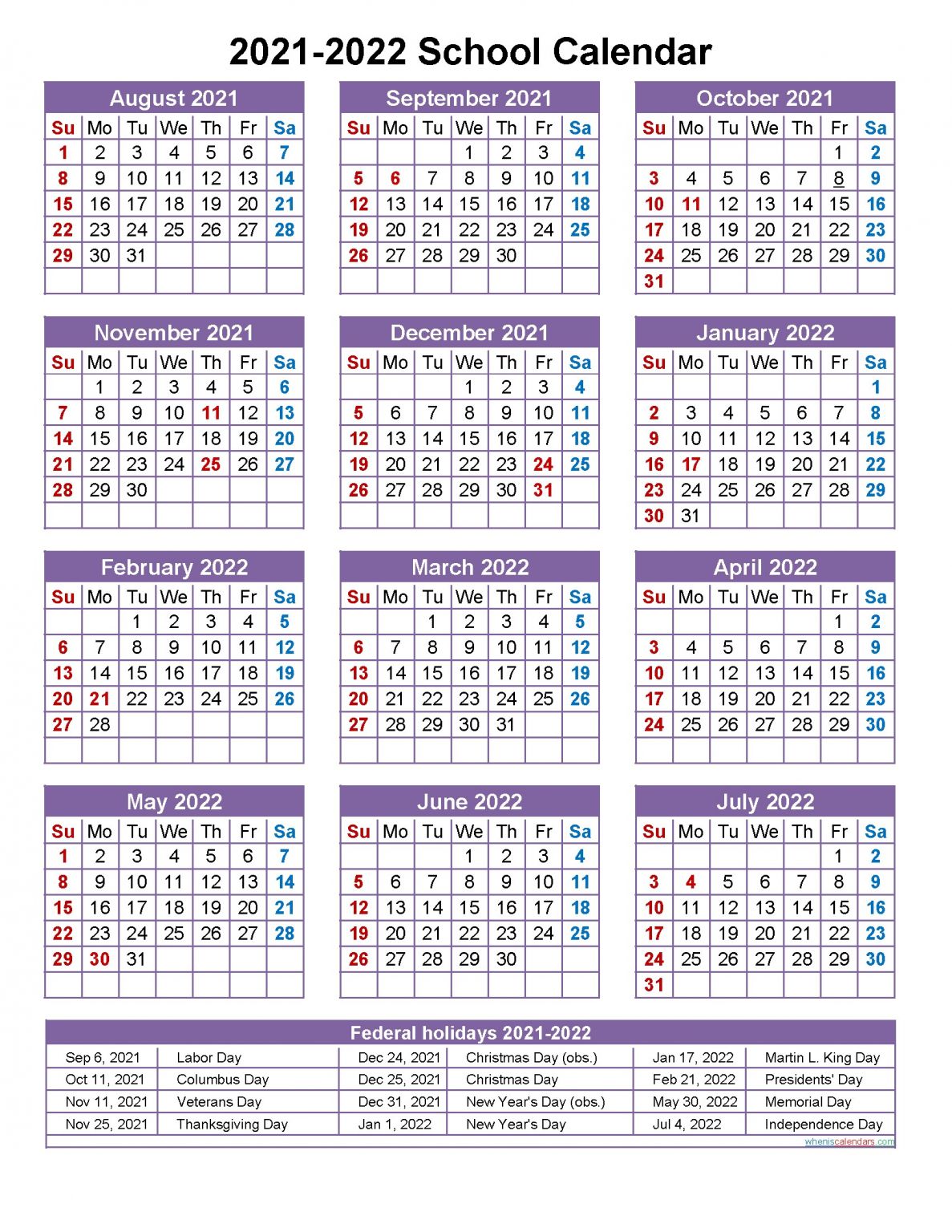 2021 2022 School Calendar Template | Free Printable Calendar Monthly