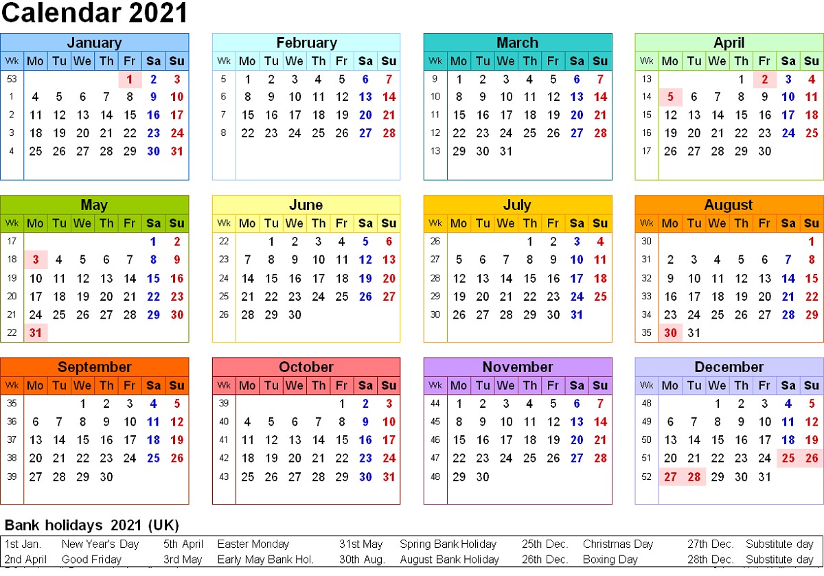 2021 calendar one page printable