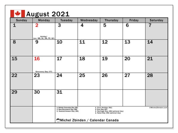 calendar august 2021 canada