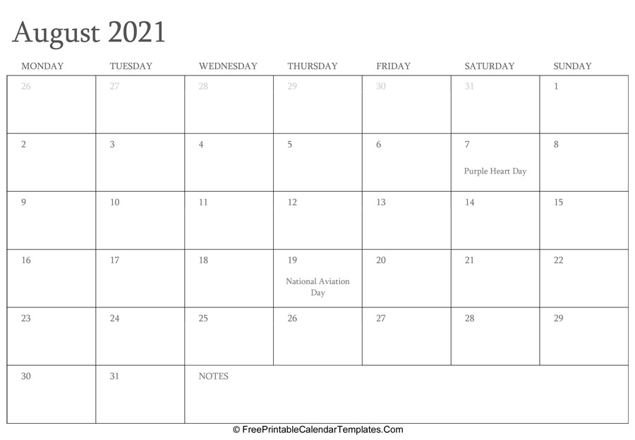 august 2021 editable calendar holidays notes