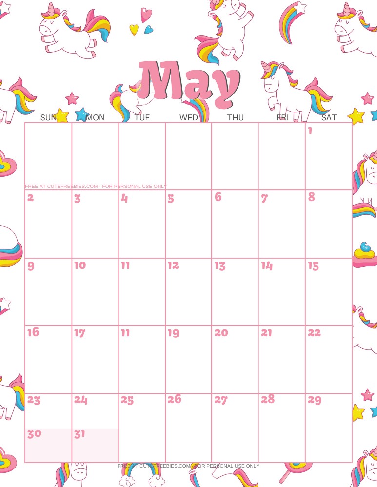 may 2021 calendar printable unicorns