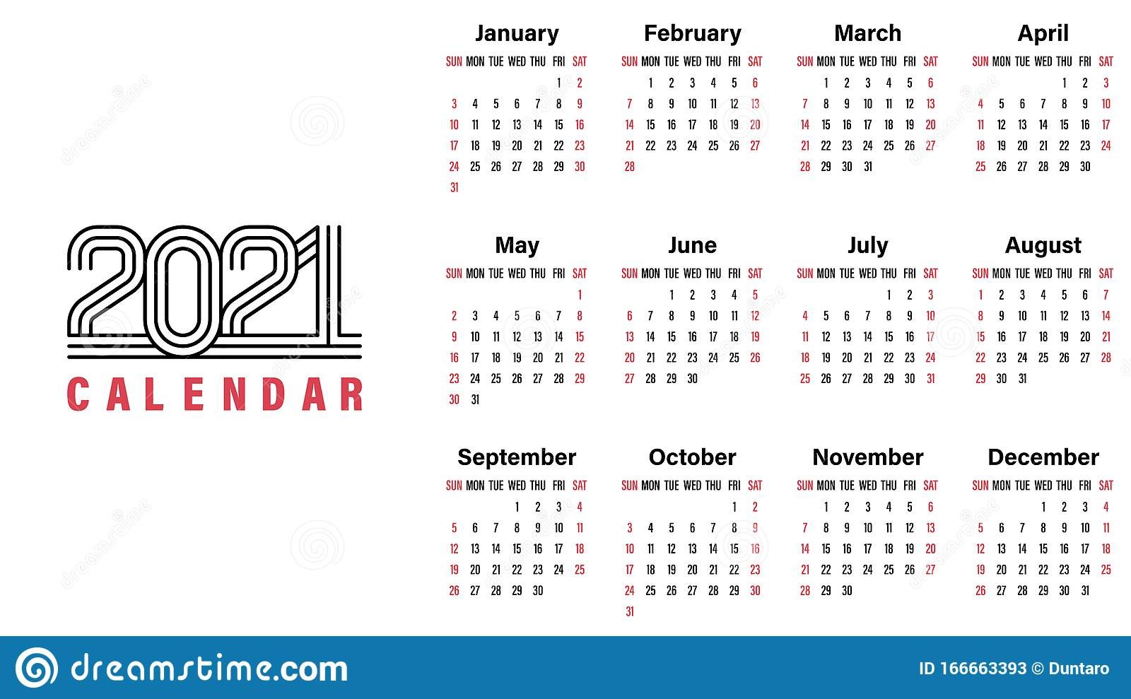 calendar template simple design vector illustration week starts sunday indicate weekends red image