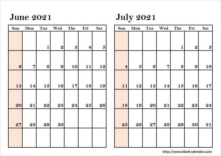 June July 2021 Calendar Blank Free Printable Calendar Monthly