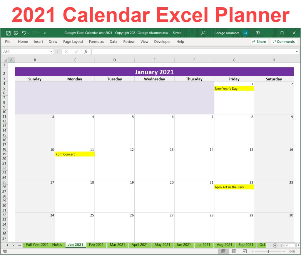 2021 calendar template excel printable planner yearly monthly