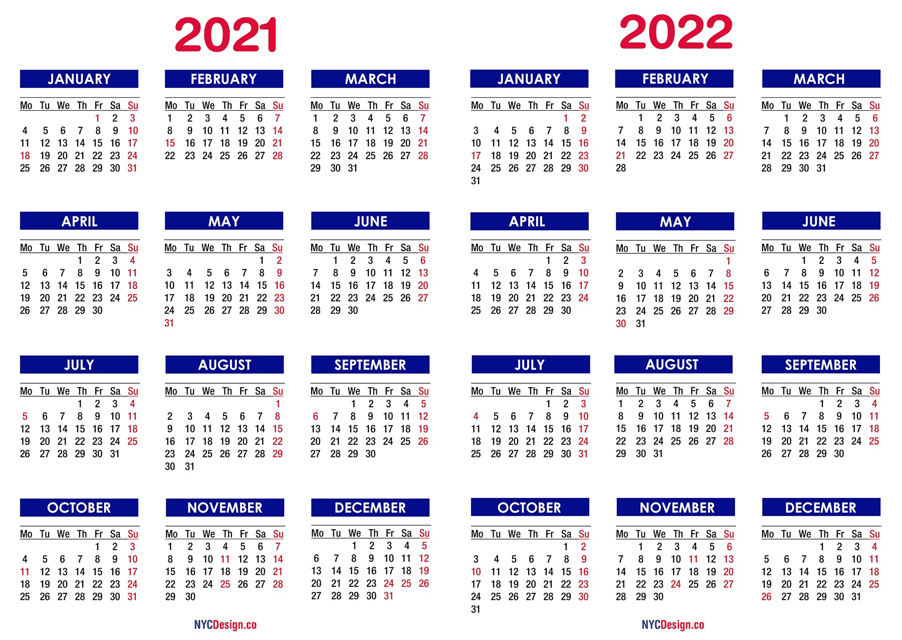 2021 2022 two year calendar with holidays printable free blue