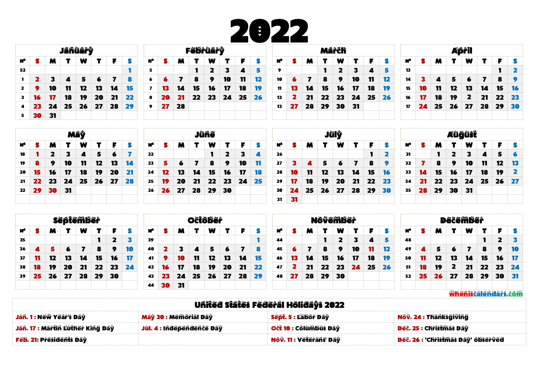 2022 calendar with holidays printable