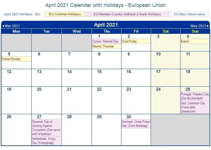 holiday calendar 2021 april