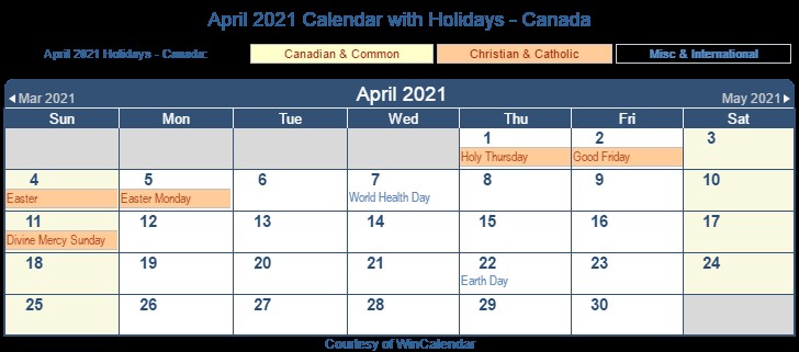 April 2021 Calendar Holidays Print Friendly April 2021 Canada Calendar for Printing