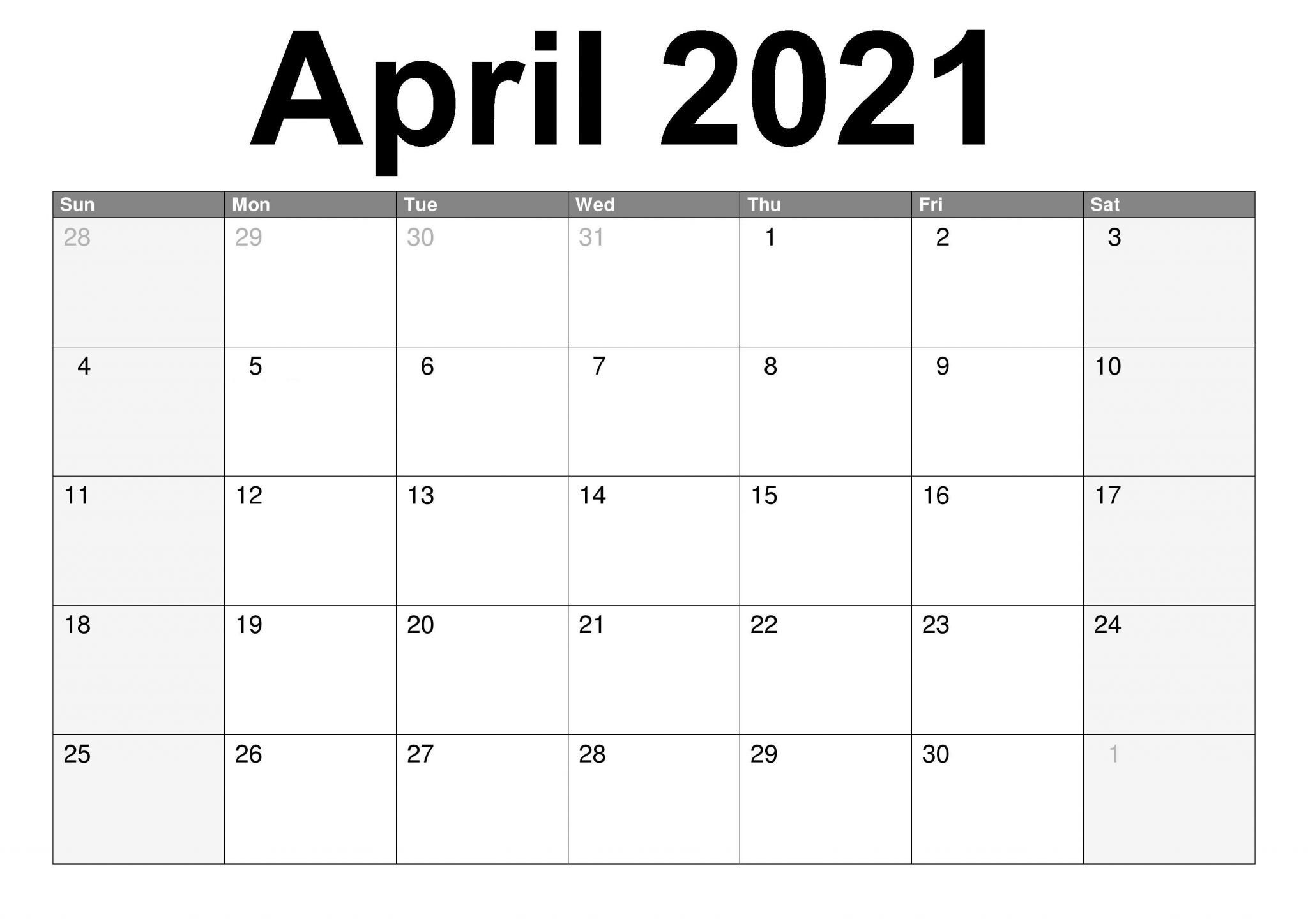 april month calendar 2021