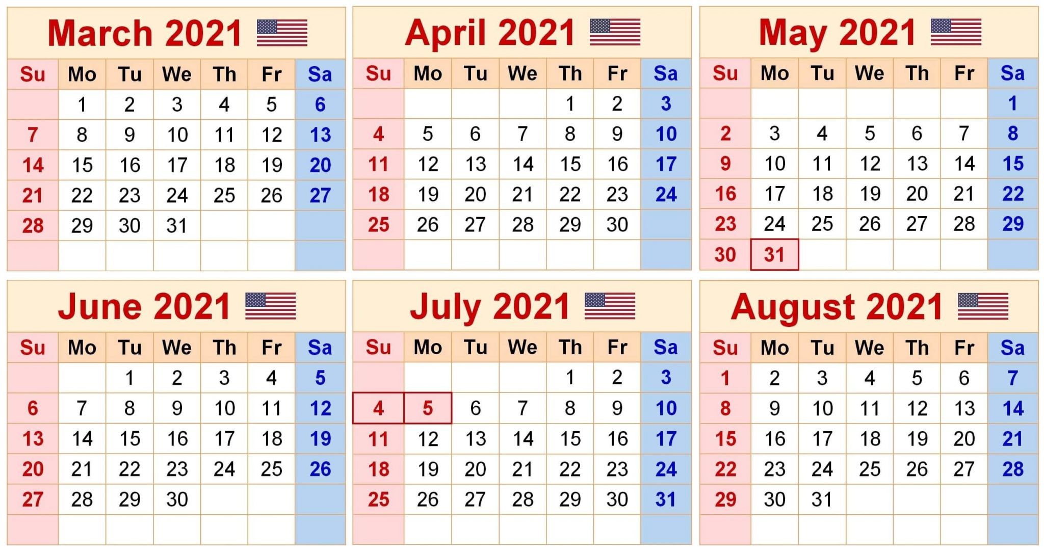 march to august 2021 calendar