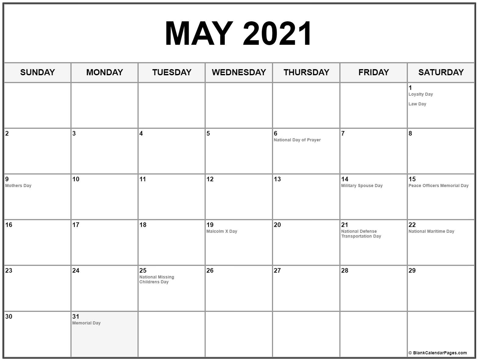 may 2021 calendar with holidays printable