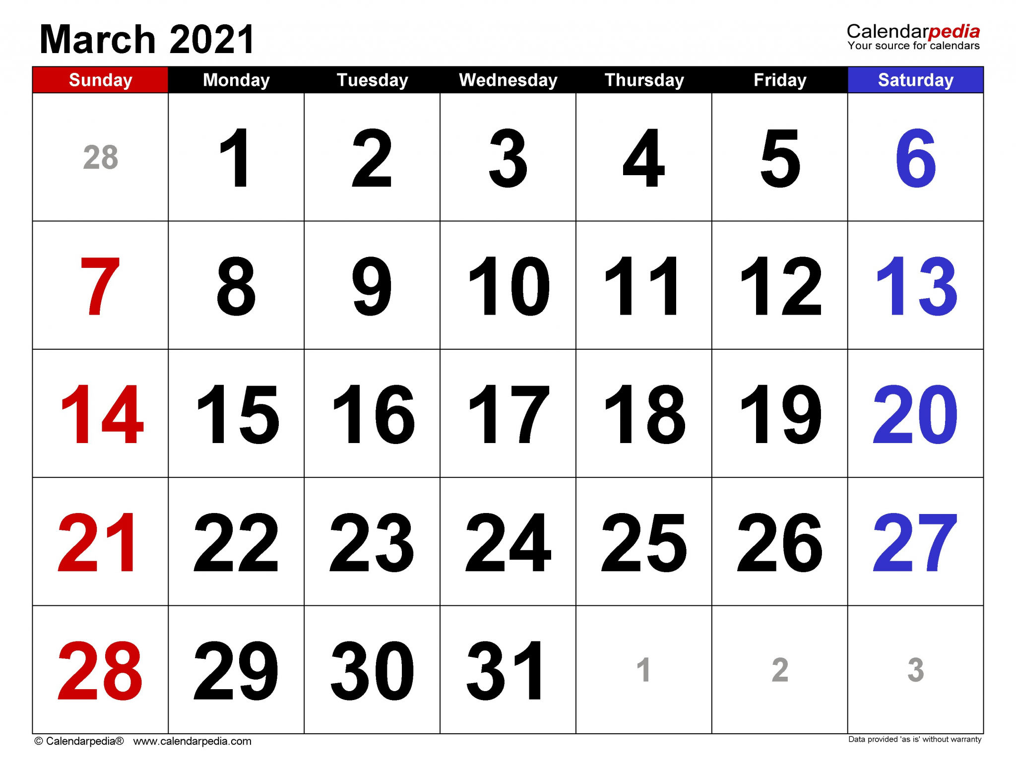 march 2021 calendar