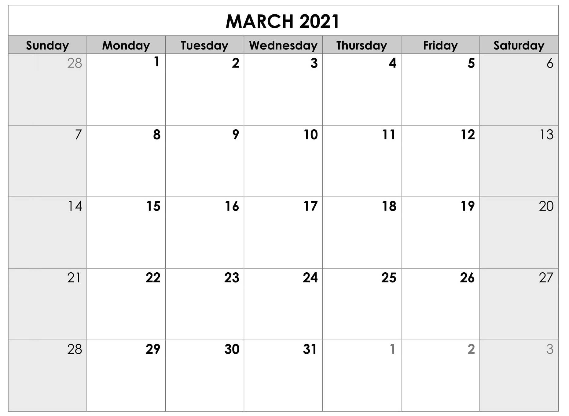 calendar for march 2021