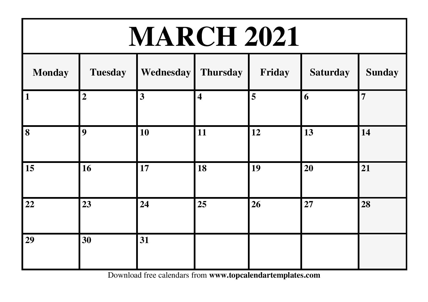 Daily Calendar March 2021 Free March 2021 Calendar Printable Blank Templates