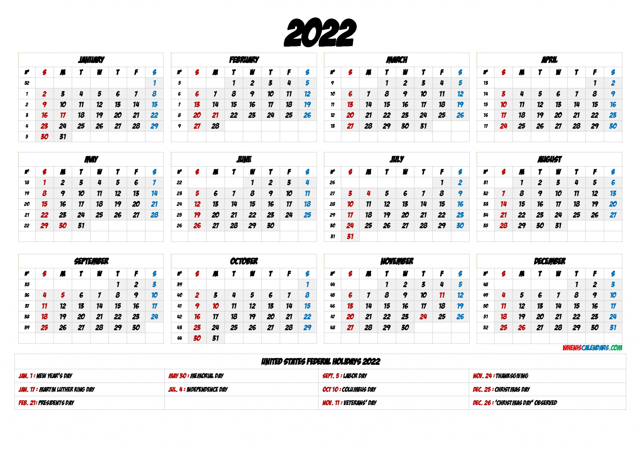 2022 printable calendar holidays yearly wk bdb 6 y12 30