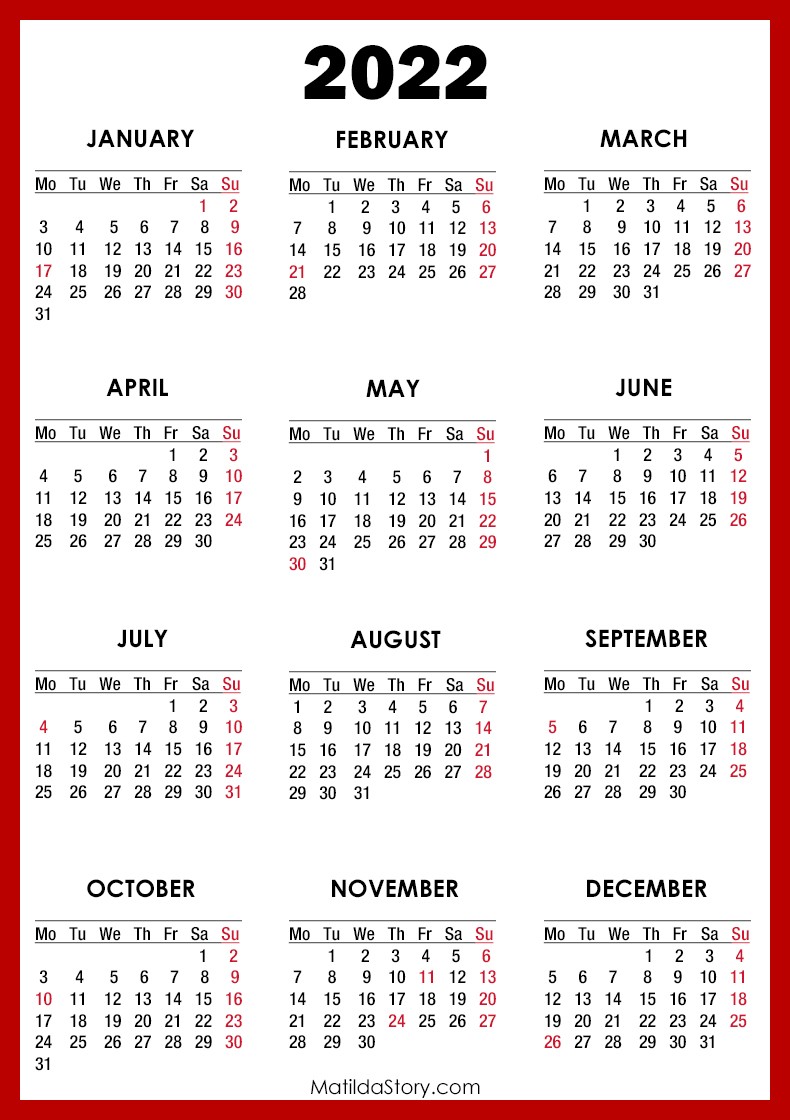 2022 calendar with holidays printable free red monday start