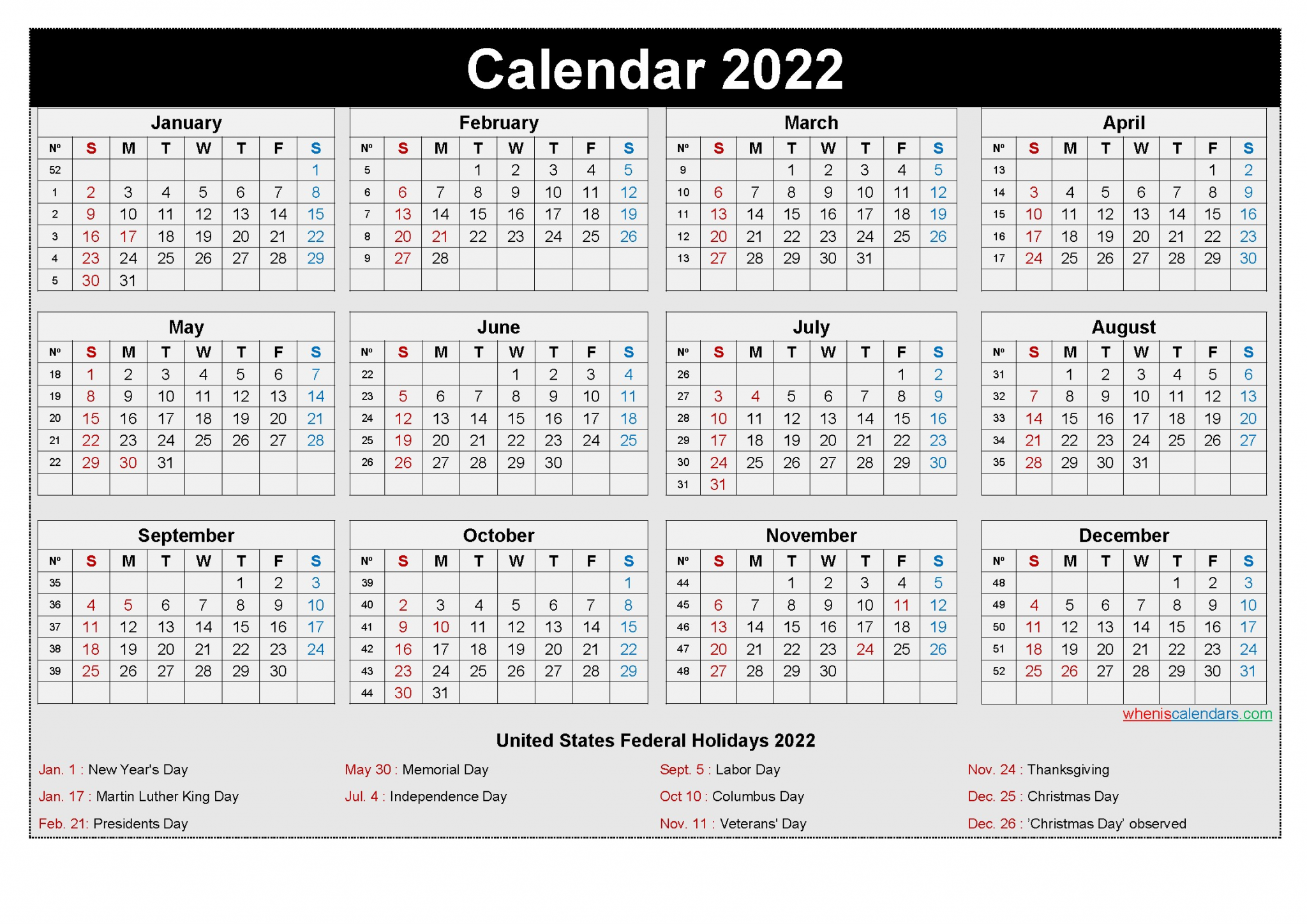 free 2022 printable calendar holidays week numbers ls arial 32 y22hl32