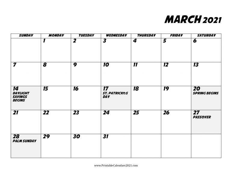 Holiday March 2021 Calendar | Free Printable Calendar Monthly
