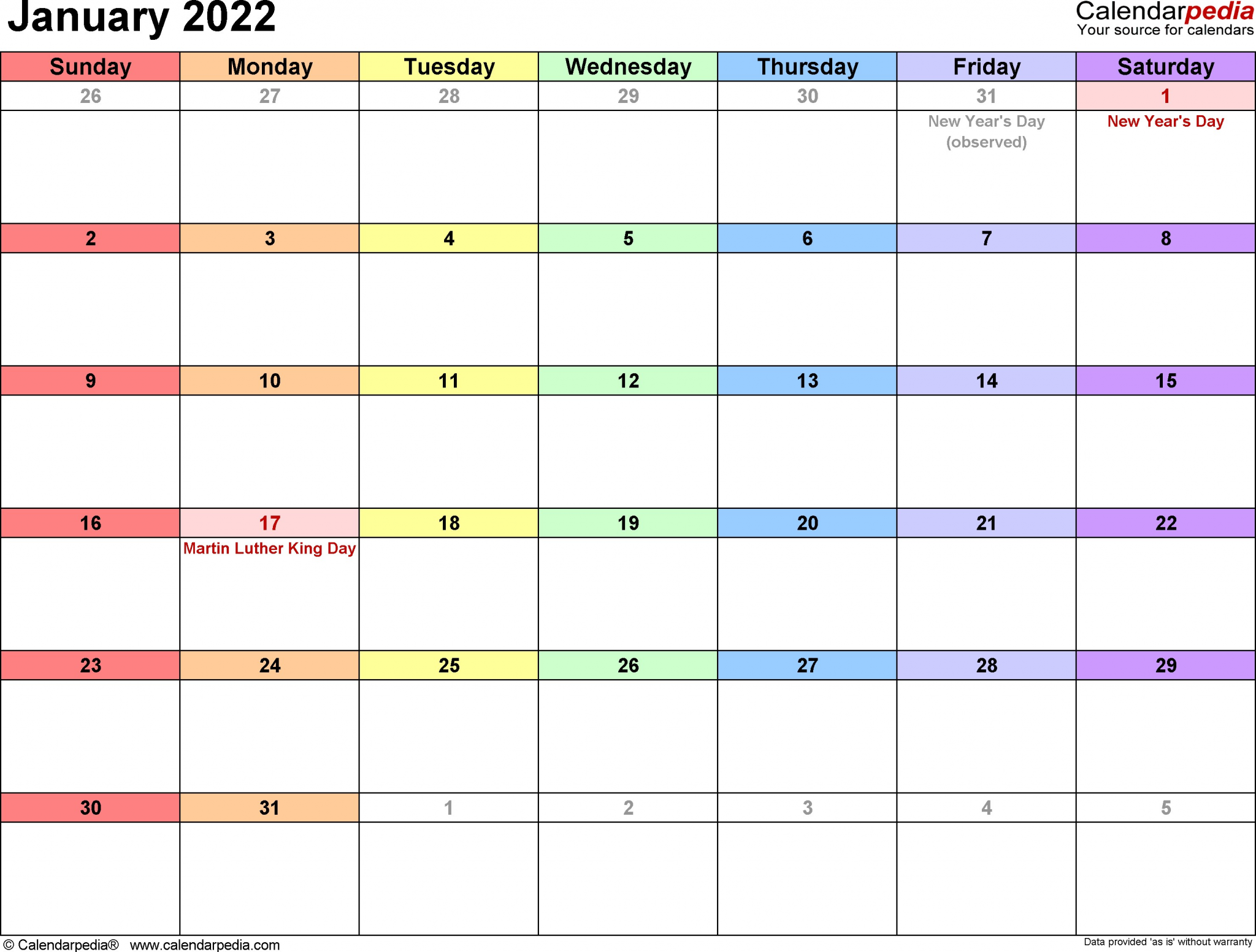 january 2022 calendar