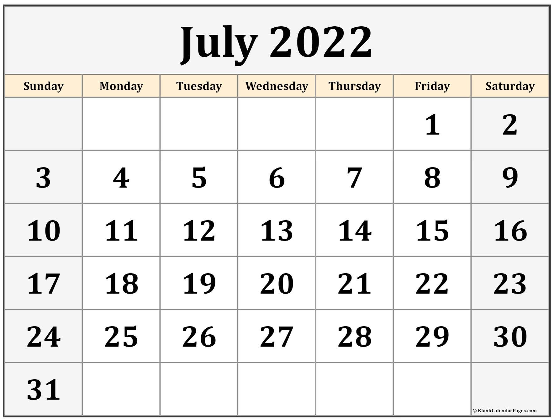 July 2022 calendar